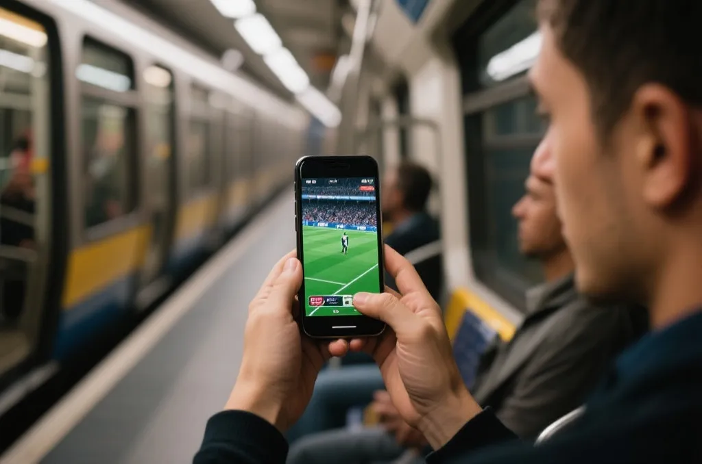 通勤中使用手机观看足球直播,动态场景,真实感